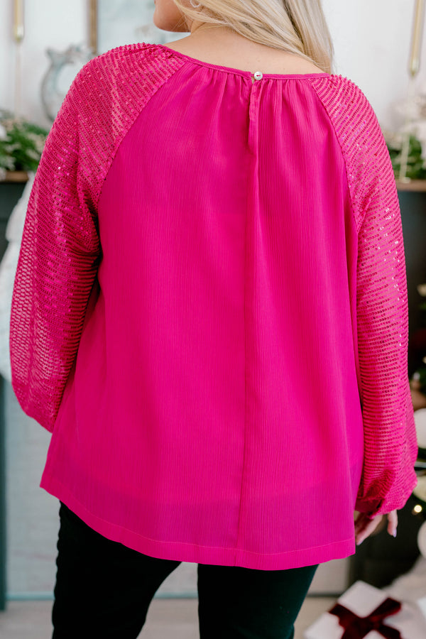 Chic Soul plus size clothing, hot pink long sleeve top with sequin sleeves