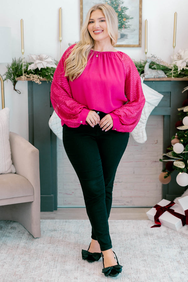 Chic Soul plus size clothing, hot pink long sleeve top with sequin sleeves