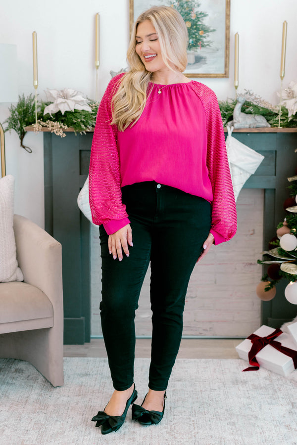 Chic Soul plus size clothing, hot pink long sleeve top with sequin sleeves
