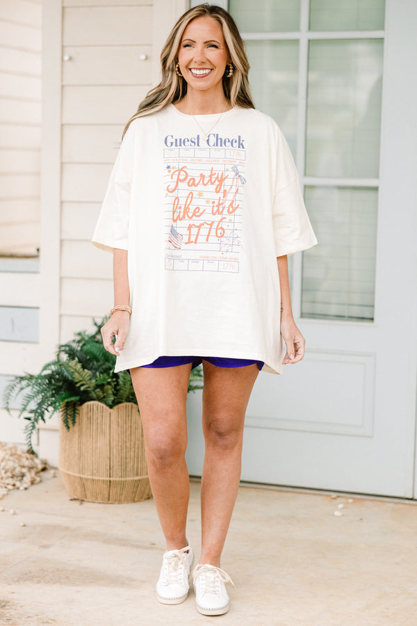 Chic Soul plus size clothing, short-sleeve drop-shoulder ivory white boyfriend tee with a red white and blue graphic of a guest check stating 