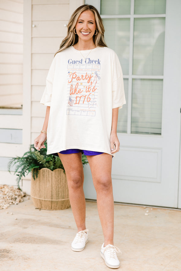 Chic Soul plus size clothing, short-sleeve drop-shoulder ivory white boyfriend tee with a red white and blue graphic of a guest check stating 