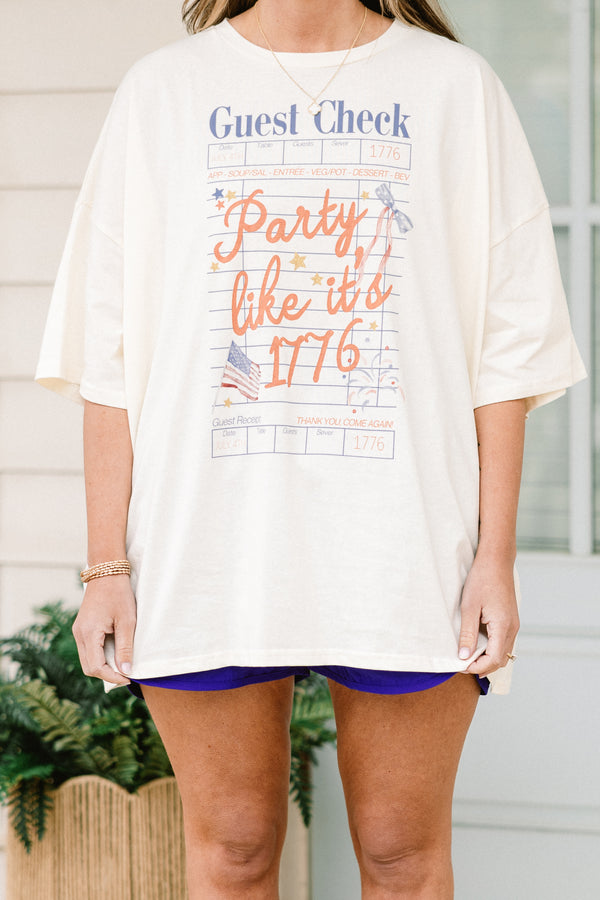 Chic Soul plus size clothing, short-sleeve drop-shoulder ivory white boyfriend tee with a red white and blue graphic of a guest check stating 
