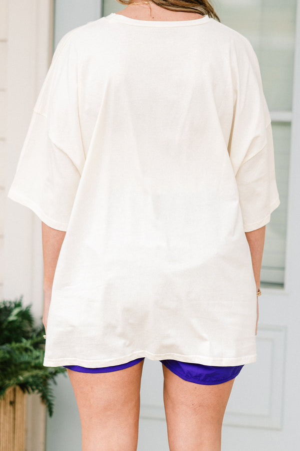 Chic Soul plus size clothing, short-sleeve drop-shoulder ivory white boyfriend tee with a red white and blue graphic of a guest check stating 