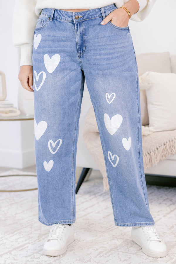 Chic soul plus size clothing, light washed Cuffed jeans with white heart symbols on both pant legs