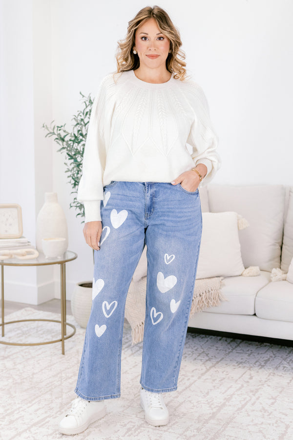 Chic soul plus size clothing, light washed Cuffed jeans with white heart symbols on both pant legs