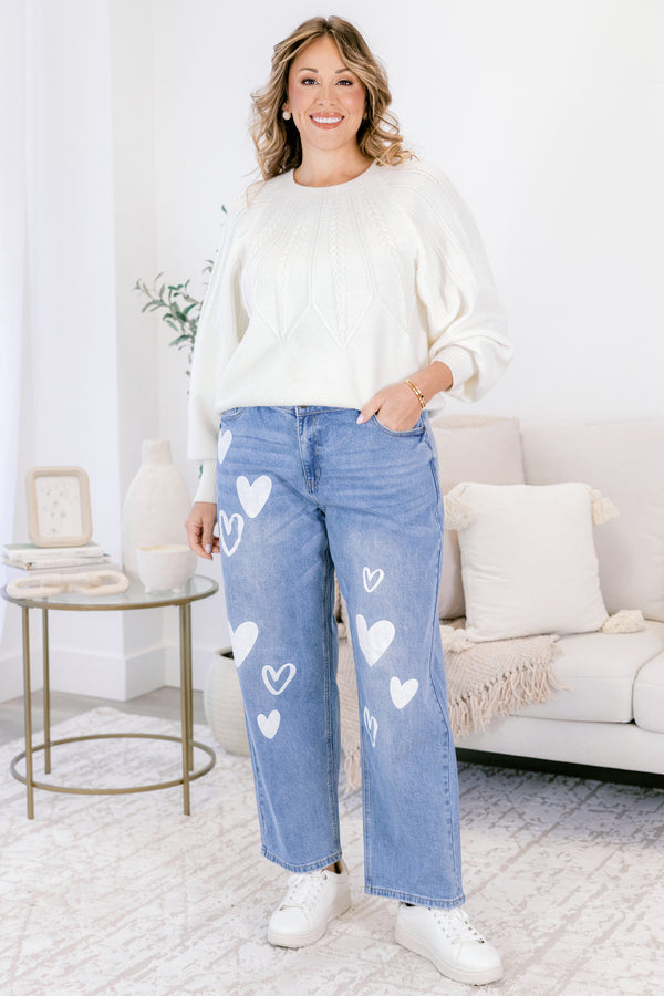 Chic soul plus size clothing, light washed Cuffed jeans with white heart symbols on both pant legs