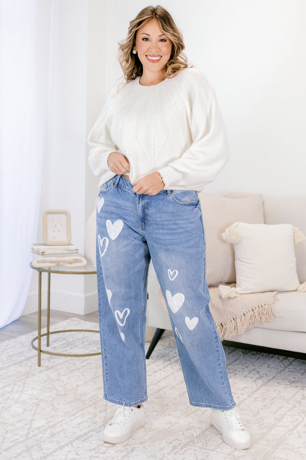 Chic soul plus size clothing, light washed Cuffed jeans with white heart symbols on both pant legs