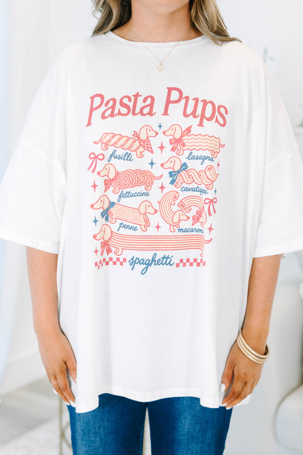 Plus size white Pasta Pups boyfriend tee with a flowy fit and 100% cotton fabric.