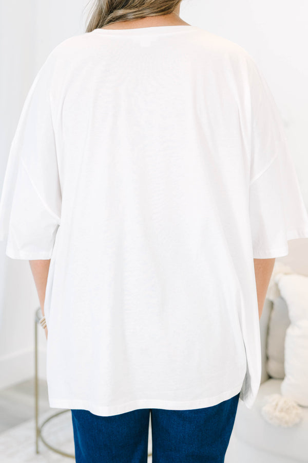 Plus size white Pasta Pups boyfriend tee with a flowy fit and 100% cotton fabric.