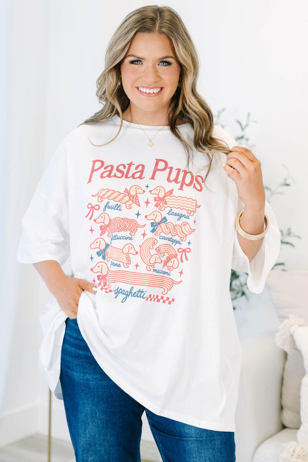 Plus size white Pasta Pups boyfriend tee with a flowy fit and 100% cotton fabric.