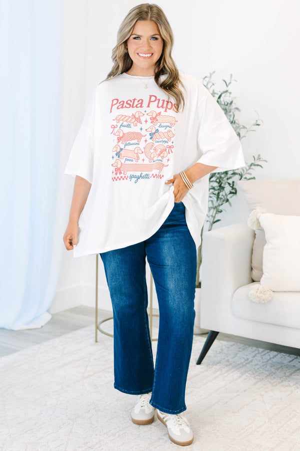 Plus size white Pasta Pups boyfriend tee with a flowy fit and 100% cotton fabric.
