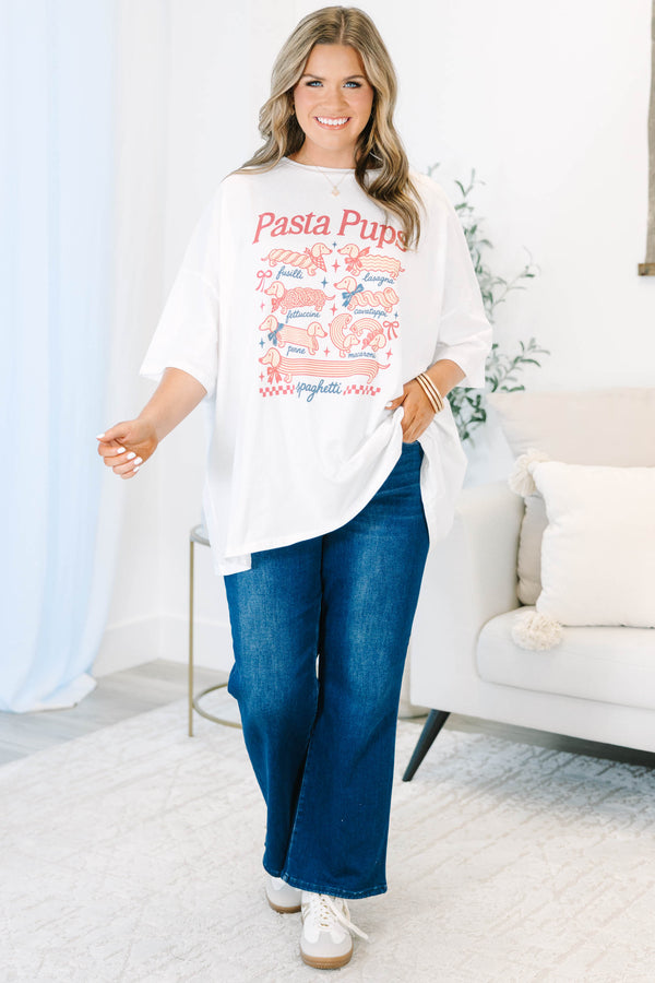 Plus size white Pasta Pups boyfriend tee with a flowy fit and 100% cotton fabric.