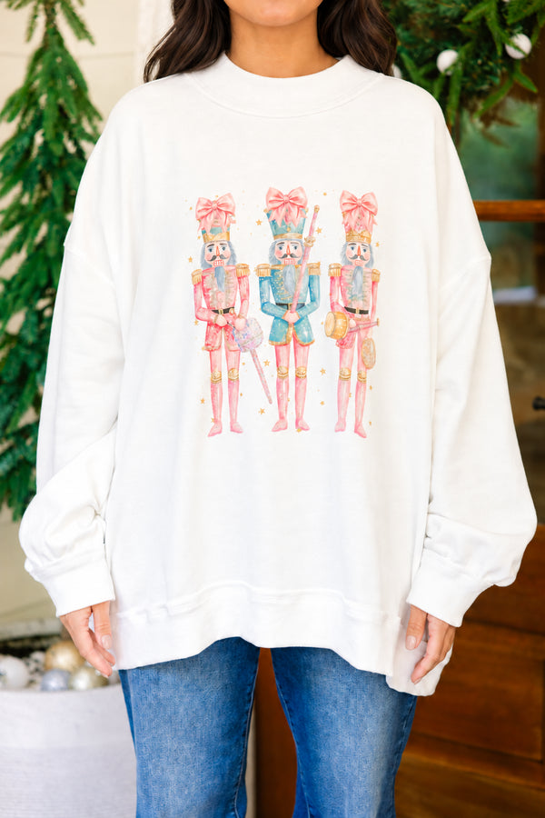 Chic Soul plus size clothing, white mock neck pullover with 3 pastel water color nutcrackers on it