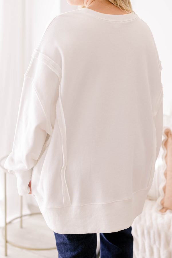 Chic Soul plus size clothing, off white crewneck with a quilt patch patterned pumpkin topped with a bow on the stem 