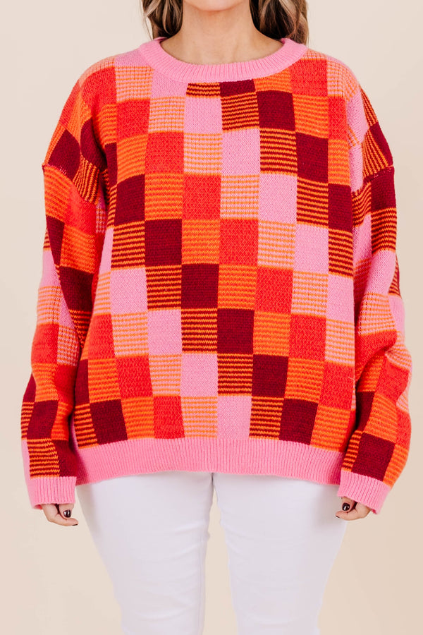 Chic Soul plus size clothing, pink, orange, and red checkered knit long sleeve sweater