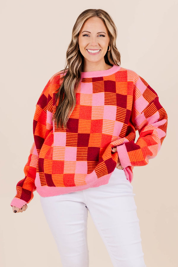 Chic Soul plus size clothing, pink, orange, and red checkered knit long sleeve sweater