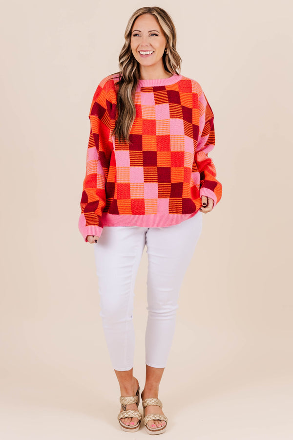 Chic Soul plus size clothing, pink, orange, and red checkered knit long sleeve sweater