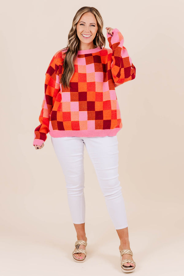 Chic Soul plus size clothing, pink, orange, and red checkered knit long sleeve sweater