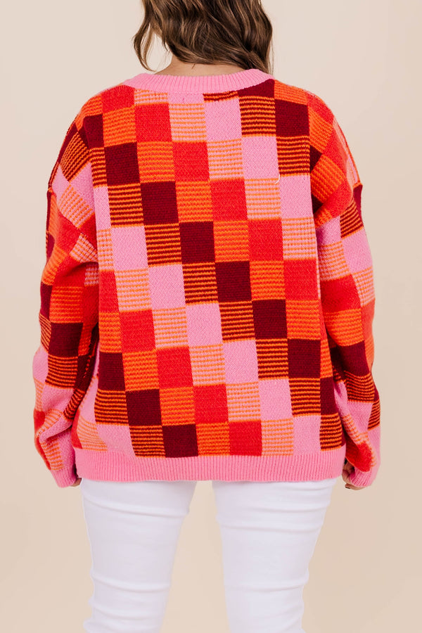 Chic Soul plus size clothing, pink, orange, and red checkered knit long sleeve sweater