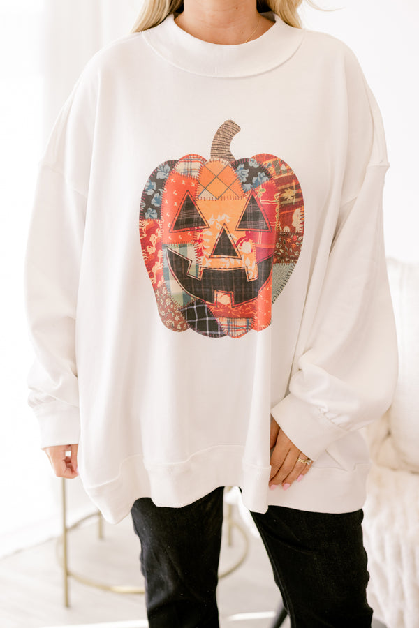 Chic Soul plus size clothing, ivory mock neck sweatshirt with a patchwork design pumpkin on the chest