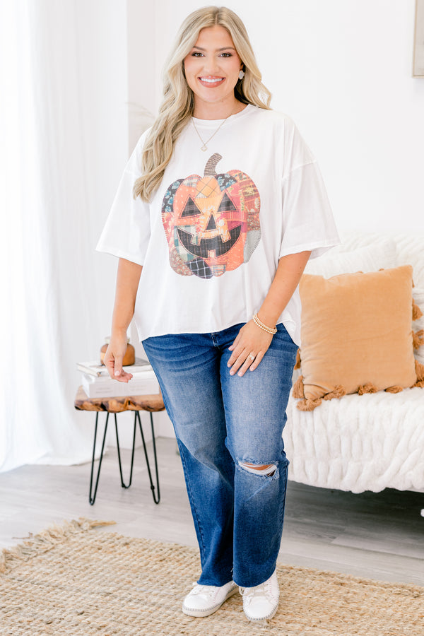 Chic Soul plus size clothing, white tee with a patchwork Jack-o-lantern graphic on the center of the tee