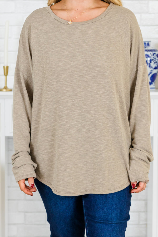 Chic Soul plus size clothing, long-sleeve taupe tan top with scoop-neckline