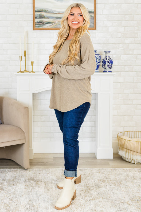 Chic Soul plus size clothing, long-sleeve taupe tan top with scoop-neckline