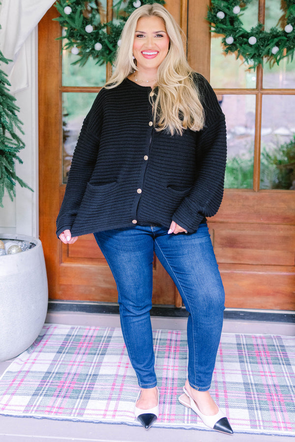 Chic Soul plus size clothing, black ribbed long sleeve button up cardigan with 2 lower pockets