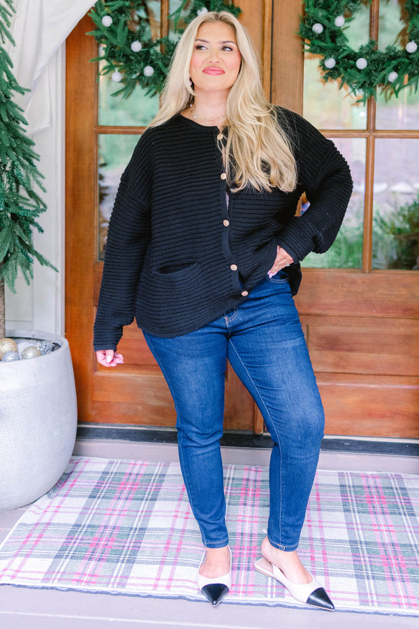 Chic Soul plus size clothing, black ribbed long sleeve button up cardigan with 2 lower pockets