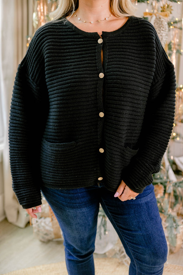 Chic Soul plus size clothing, black ribbed long sleeve button up cardigan with 2 lower pockets
