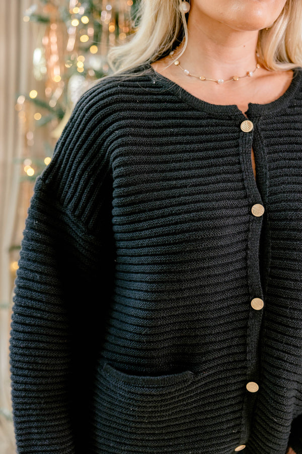 Chic Soul plus size clothing, black ribbed long sleeve button up cardigan with 2 lower pockets