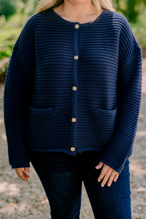 Chic Soul plus size clothing, navy blue long sleeve button up cardigan with 2 front pockets