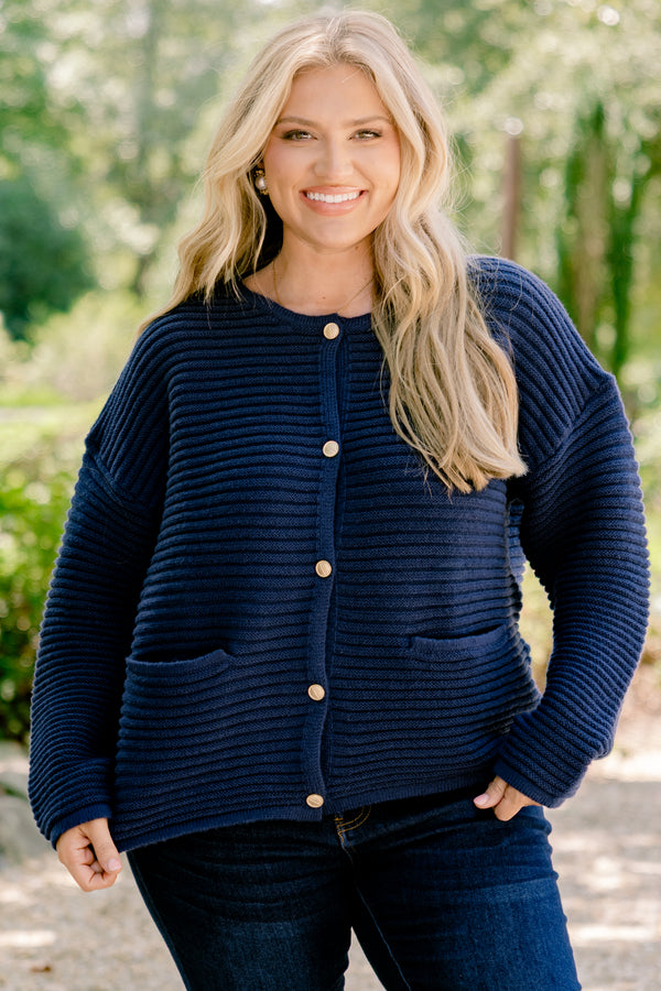 Chic Soul plus size clothing, navy blue long sleeve button up cardigan with 2 front pockets