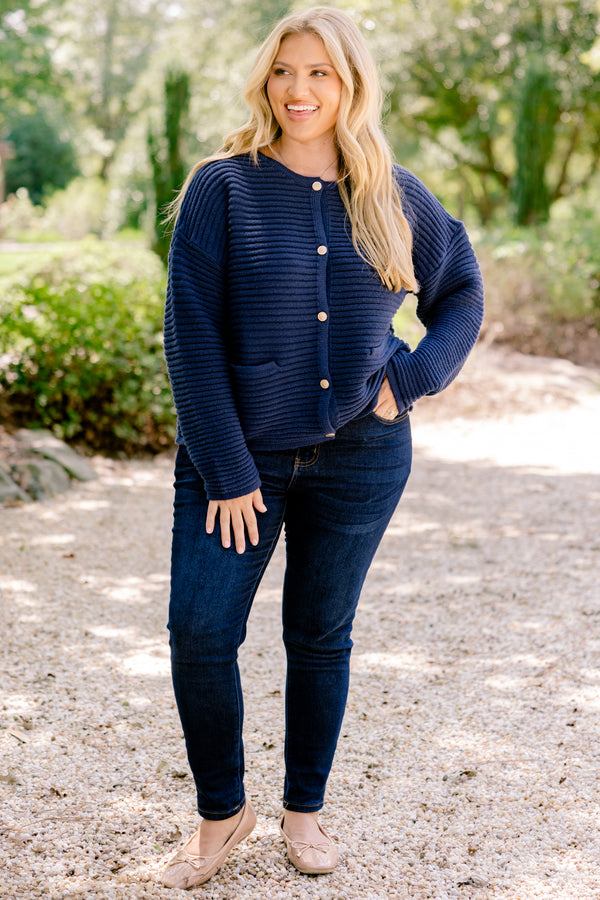 Chic Soul plus size clothing, navy blue long sleeve button up cardigan with 2 front pockets