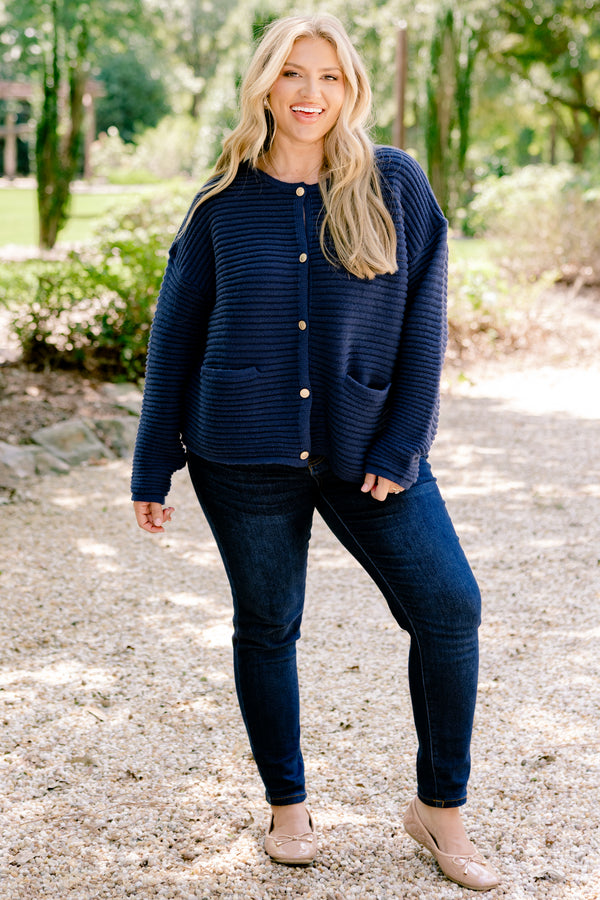 Chic Soul plus size clothing, navy blue long sleeve button up cardigan with 2 front pockets