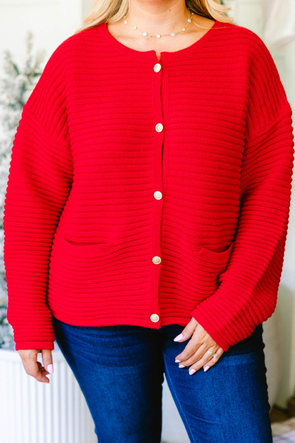 Chic Soul plus size clothing, red ribbed textured button up cardigan with 2 front lower pockets 