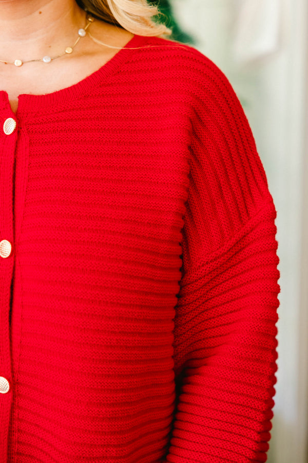 Chic Soul plus size clothing, red ribbed textured button up cardigan with 2 front lower pockets 