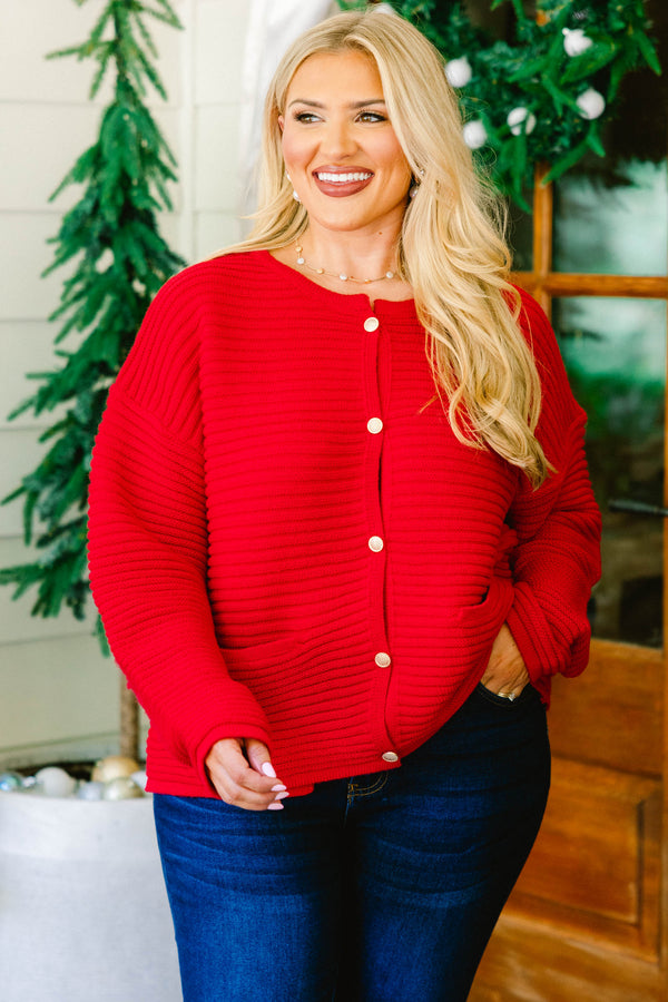 Chic Soul plus size clothing, red ribbed textured button up cardigan with 2 front lower pockets 