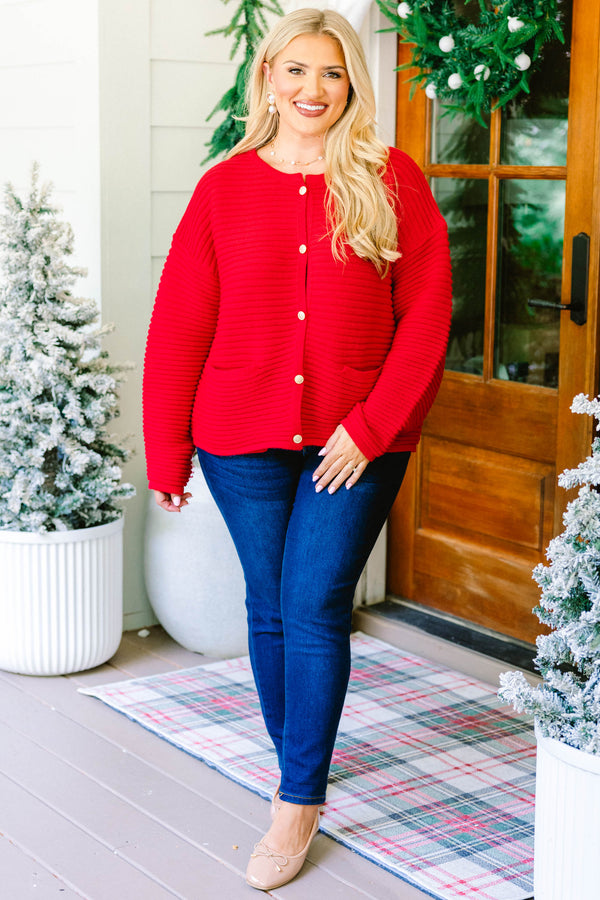 Chic Soul plus size clothing, red ribbed textured button up cardigan with 2 front lower pockets 