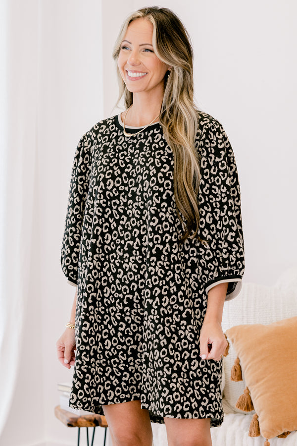 Chic Soul plus size clothing, black 3/4 sleeve short dress with cream cheetah print 