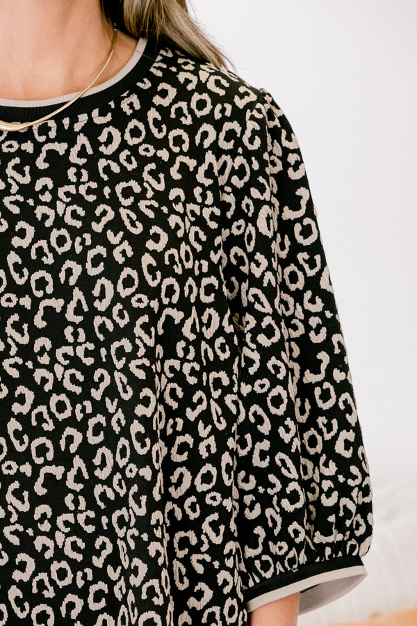 Chic Soul plus size clothing, black 3/4 sleeve short dress with cream cheetah print 