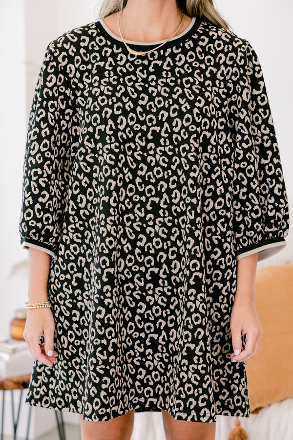 Chic Soul plus size clothing, black 3/4 sleeve short dress with cream cheetah print 