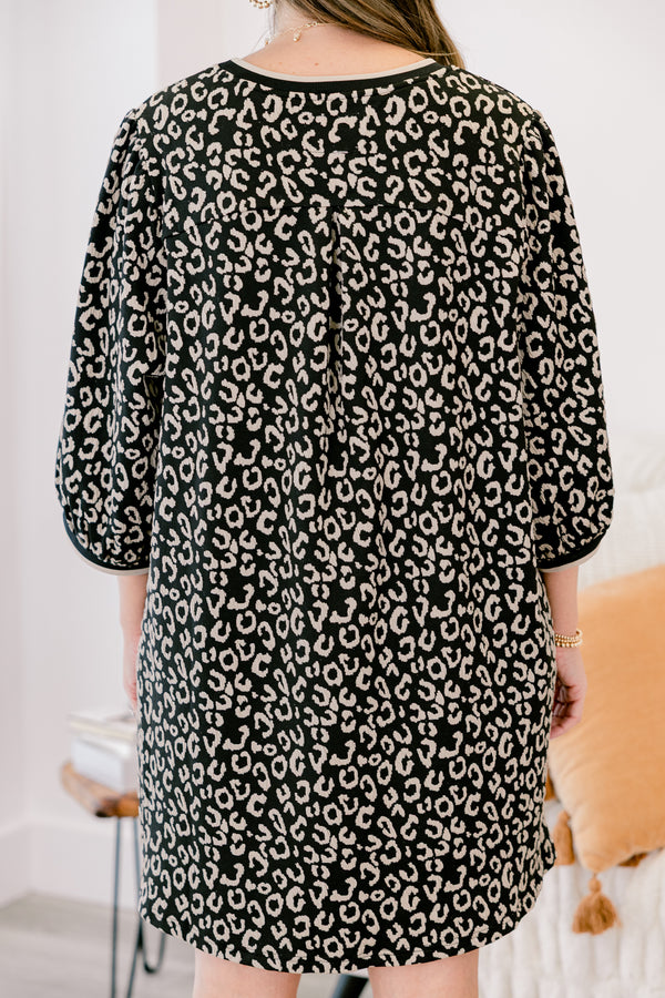 Chic Soul plus size clothing, black 3/4 sleeve short dress with cream cheetah print 