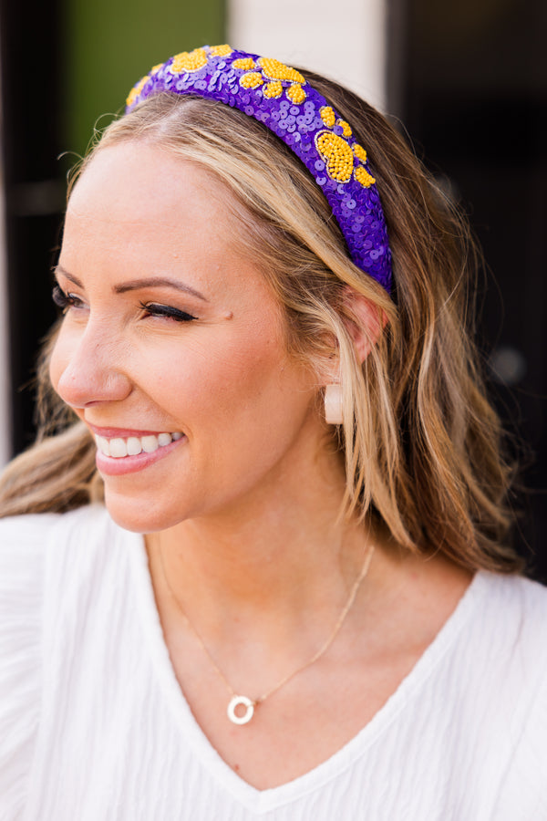 Chic Soul plus size clothing, thick purple sequined headband with yellow beaded paw print pattern