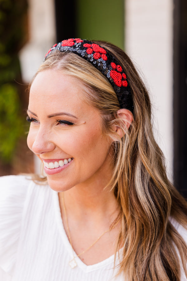  Chic Soul plus size clothing, thick black sequined headband with red beaded paw print pattern