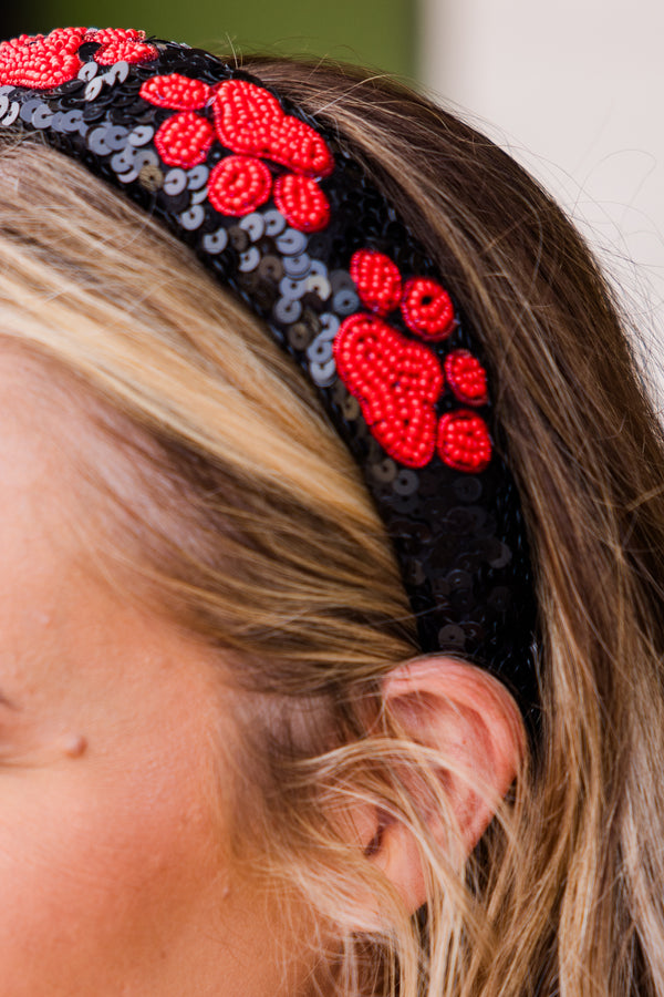  Chic Soul plus size clothing, thick black sequined headband with red beaded paw print pattern