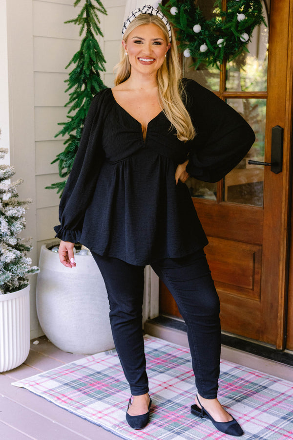 Chic Soul plus size clothing, black long sleeve babydoll top with cinched sleeves and v-neckline 