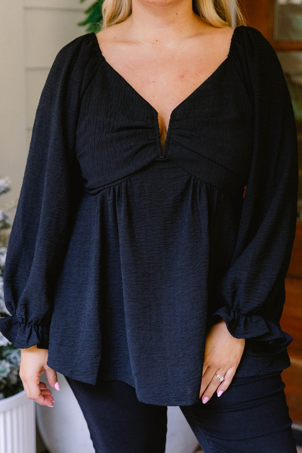Chic Soul plus size clothing, black long sleeve babydoll top with cinched sleeves and v-neckline 