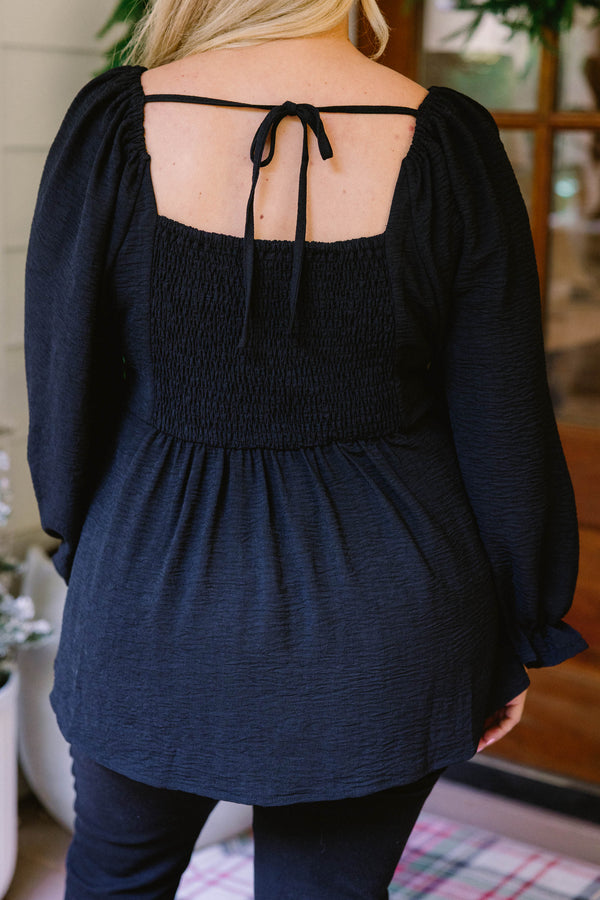 Chic Soul plus size clothing, black long sleeve babydoll top with cinched sleeves and v-neckline 