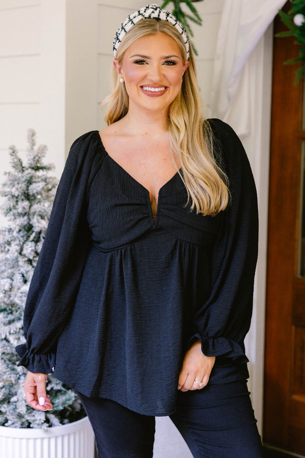 Chic Soul plus size clothing, black long sleeve babydoll top with cinched sleeves and v-neckline 